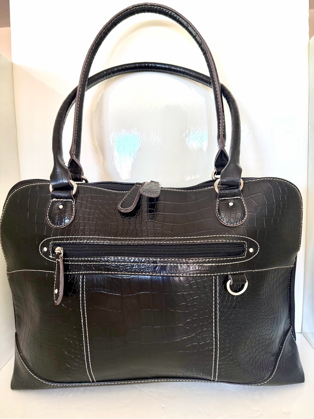 Black Croc-Embossed Leather Tote Bag